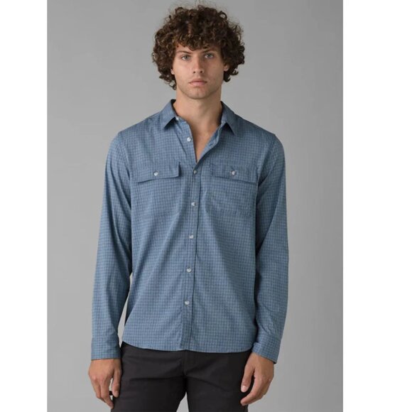 Prana‎ Garvan Long Sleeve Shirt Men's Size XL Tall Antique Blue UPF 30+ Hybrid - Picture 1 of 12